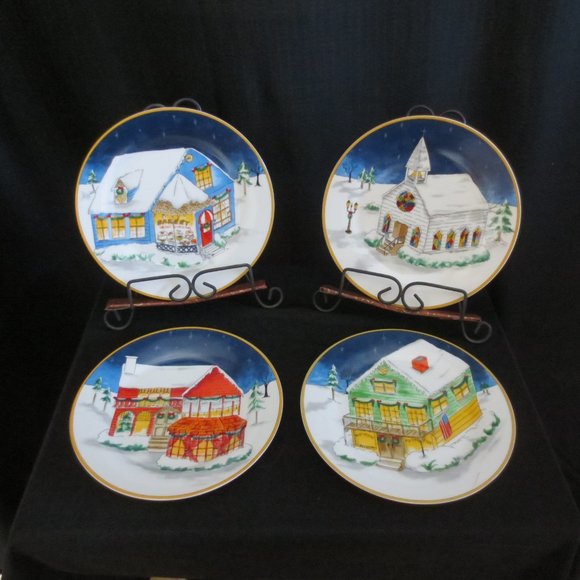American Atelier Eight Inch 4 Plate Set Winter Village #5053 Colorful Ceramic - Picture 7 of 10